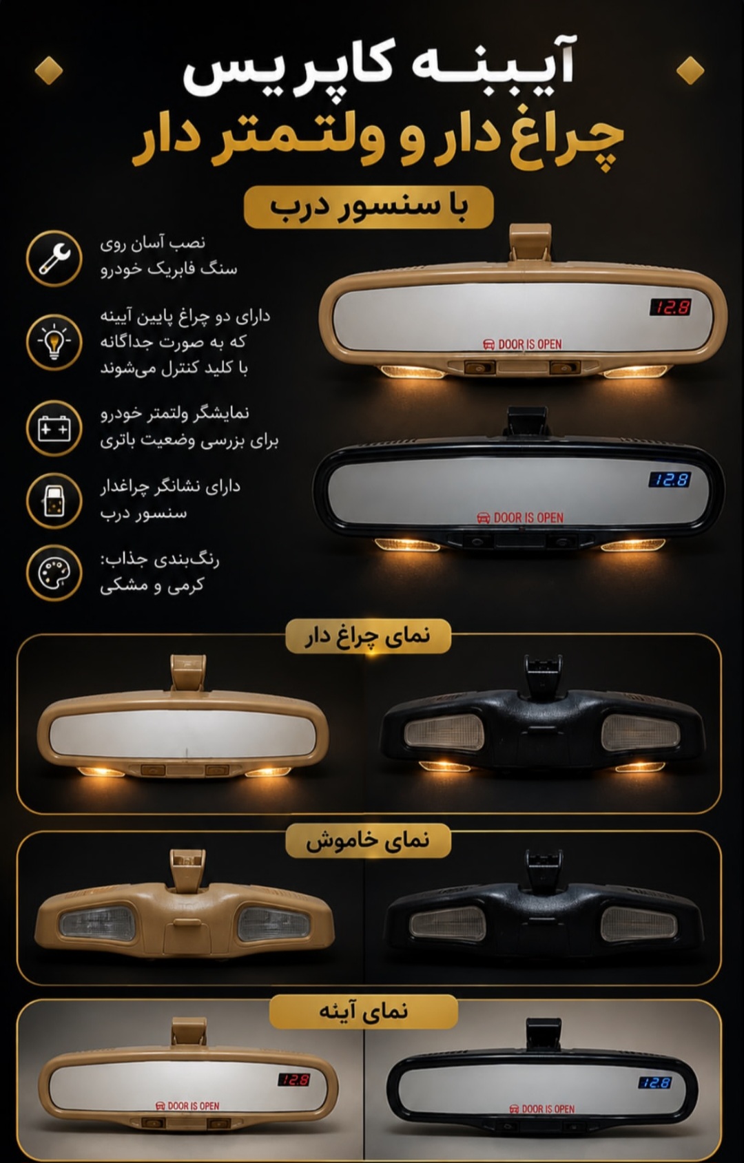 آینه کاپریسی ولتمتردار با سنسور درب